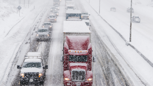A traffic jam on a highway in winter.
