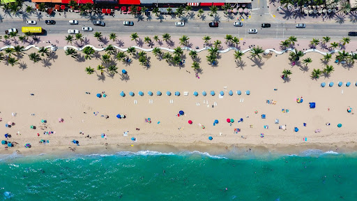 Aerial view of a beachfront with palm trees, a coastal road, and cars driving along the shoreline.