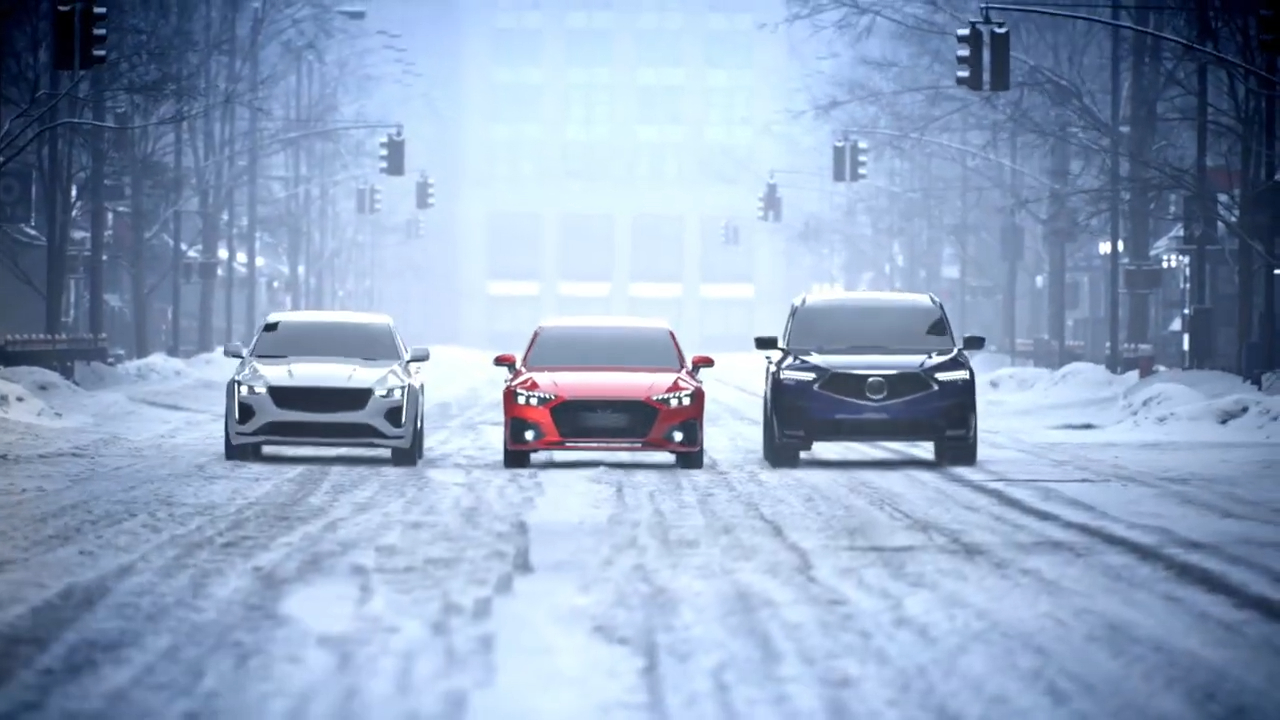 3 cars on a wintery road